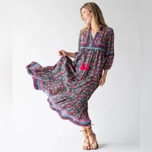 Natural Life Pheobe Floral Maxi Dress Boho Bohemian Tassel Prairie 3/4 Sleeve